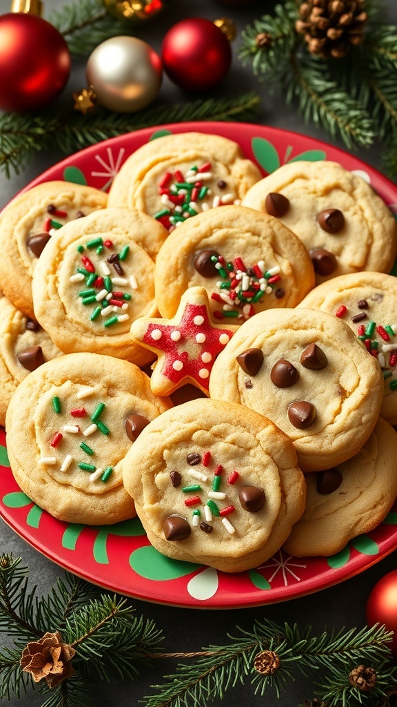 A plate of Christmas cookies with sprinkles and chocolate chips, set against a festive background.